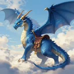 giant old blue dragon with saddle in the sky artwork by sanjulian