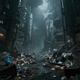 futuristic underground polluted city, depressing, garbage piles, artstation