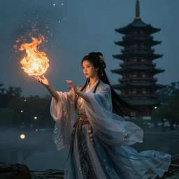 female portrait, hapa sorceress chasing will-o-wisps casting a fireball in front of a pagoda, by Ilya Kuvshinov
