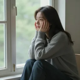 a woman sitting on a window sill looking forward out the window, face in hands, grey sweater, a stock photo by chen jiru, tumblr, aestheticism, movie still, pretty, pixiv