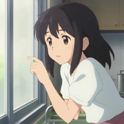anime film visual portrait of a young woman looking at her kitchen window, finely detailed facial features, cute face by ilya kuvshinov, makoto shinkai, katsura masakazu, kyoani, dynamic pose, crisp and sharp, anime poster, ambient light, 4 k