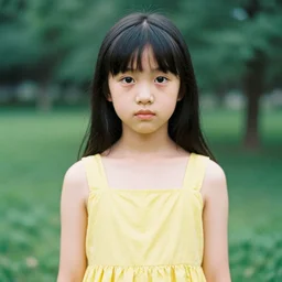 A color analog 35mm film portrait photography of a girl in a yellow sundress. detailed. hq. realistic.