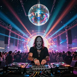 Jesus DJ in balaclava behind turntables on a huge stage at intergalactic mega rave in space with vibrant cosmic rays in the background and supernova disco ball