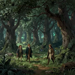 Hobbits at Fangorn Forest in the evening, detailed matte painting, cinematic, Alan Lee, Artstation