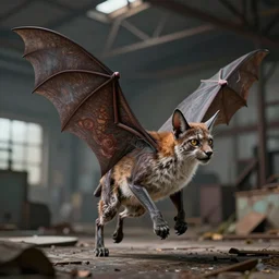 incredibly realistic, too detailed fullbody of apex predator gliding lynx bat, abandoned factory, octane render, bump mapping, macro image, global illumination, 8 k, bokeh, enki bilal, yuji himukai, jen zee, mohrbacher