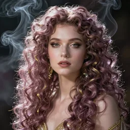 beautiful priestess with curly mauve gilded hair, watery smoke swirling, vibrant, artgerm, photorealism, portrait