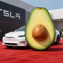 avocado looking tesla car in high quality art 4 k render octane high fidelity tv cinematic realistic photo from the redcarpet