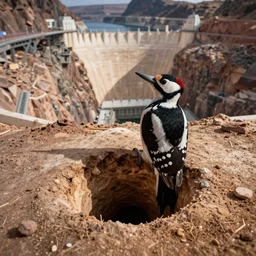 A woodpecker burrowing a hole in the Grand Hoover Dam