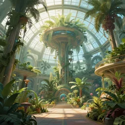Matte painting of the interior view of giant botanical museum. Solarpunk. Fantastical, detailed digital art trending in artstation