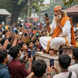 a crowd of young people on the streets hold their cell phones close to them, on a podest there is a big guru with a big cellphone preying and talking to the crowds, they look up on him, fantasy style, 4 k, philosophical art