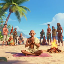 gandhi at the beach, sitting in a yoga pose on the sand next to a campfire, with palm trees in the back, by artgerm, ilya kuvshinov katsuhiro villeneuve, jeremy lipkin and michael garmash and rob rey, disney pixar zootopia, by tristan eaton, stanley artgermm, tom bagshaw, greg rutkowski, carne griffiths