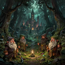 mysterious forest and city of dwarfs, epic fantasy, colorfully, dark mood, detailed illustration, dark climate, digital art, highly saturated colors, overdetailed art, concept art, detailed illustration, hd, 4 k, digital art, greg rutkowski, dan mumford, wlop, trending on artstation