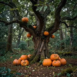 Magic forest, pumpkins under big fairy tree, trending on artstation, 30mm, by Noah Bradley