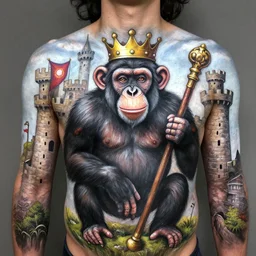 intuitive by paul wonner body paint. a land art that features a chimpanzee surrounded by a castle turret. the chimp is shown wearing a crown & holding a scepter, & the castle is adorned with banners.