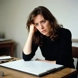 a photograph of an artist sitting at a drawing tablet and worrying that ai could replace them in the near future, 1 0 0 mm, medium shot, portrait photography by annie leibovitz