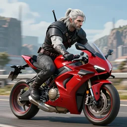 geralt from witcher 3 rides red sports bike, 4 k, hyperrealistic, unreal engine