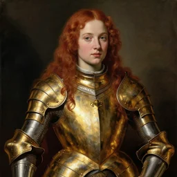 young redheaded saoirse ronan wearing gold maximilian armour, oil painting by titian, hard focus