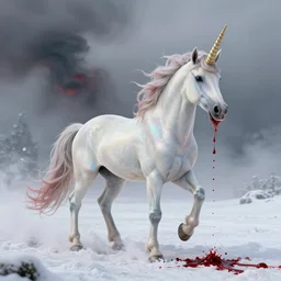 a iridescent unicorn is bleeding in the snow, trail of blood follows behind it, toxic smog in the sky, ultra realistic, concept art, intricate details, highly detailed, photorealistic, octane render, 8 k, style of mary jackson