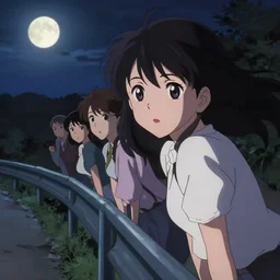 anime visual, dark portrait of a young woman sightseeing at midnight overlook from the park exterior, moon, guardrail, cute face by yuya nagai, yoh yoshinari, katsura masakazu, ilya kuvshinov, dynamic pose, dynamic perspective, cel shaded, flat shading, rounded eyes, realistic proportions, dramatic, detailed facial features