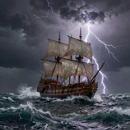 A beautifully strange photoillustration of thunder lightning and waves, Spanish Galleon Breaking the storm waves, by Benoit B. Mandelbrot, Gustave Dore, Martin Johnson Heade, Lee Madgwick, and Caspar David Friedrich, Sci-fi fantasy mystical ocean waves thunderstorm lightning, Spanish Galleon in the grip of the storm, realistic painting, classical painting, high definition, digital art, matte painting, very detailed, realistic, Unreal Engine, octane render, vray, 4k, super wide angle