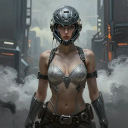 ultra realist and ultra intricate detailed soft painting of a beautiful sci-fi armored male, from the waist up, sci-fi helmet, symmetry features, sensual gloomy style, volumetric clouds, cyberpunk burning building background, artstation, unreal render, depth of field