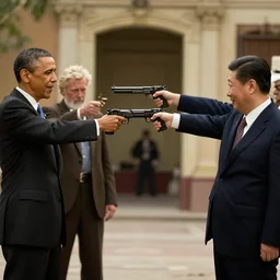 obama and geert wilders and xi jingping pointing guns at each other, mexican standoff, cinematic shot, the good the bad and the ugly