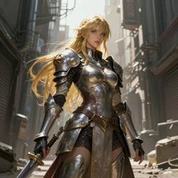 Beautiful science fiction warrior princess, set in post apocalyptic Tokyo alleyway, glorious sunlight and shadows, D&D, fantasy, highly detailed, digital painting, artstation, concept art, sharp focus, illustration, in style of Frank Frazetta and Luis Royo and WLOP and Greg Rutkowski