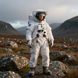 futuristic astronaut standing in rocky landscape of Isle of Harris, Scotland, 35mm, photorealistic