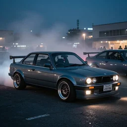 a car S30 twin turbo drift at illegal car meet, Gunma prefecture, city midnight mist lights, cinematic lighting, photorealistic, highly detailed wheels, high detail