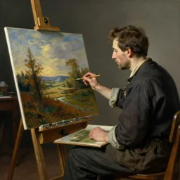 a painter sits pensively selling his paintings. created by gustave courbet.