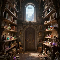 interior shot of a cluttered mage tower. shelves with books, magical experiments and spell ingredients and potions. a beautiful view out a window. a fancy closed door, created in octane render, digital art, inspired by artstation, fantasy setting