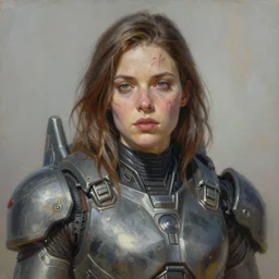 portrait of a woman with the scars of battle on her face, wearing sci-fi power armor, Alexandria's genesis, chin-length hair, bored, illustration, soft lighting, soft details, hyper realism, high detailed, painting oil on canvas by mark arian by artgerm, trending on artstation, 4k, 8k, HD