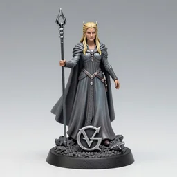 80mm resin detailed miniature of a Lady Galadriel (Cate Balnchett), Logo, textured base; Product Introduction Photos, 4K, view from front