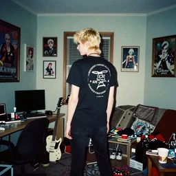 kodak ultramax 4 0 0 photograph of a blonde goth guy standing in a cluttered 9 0 s room, back view, grain, faded effect, vintage aesthetic, vaporwave!!, 9 0 s vibe,