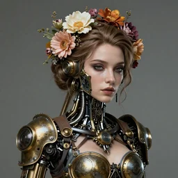 portrait beautiful steampunk cyborg woman with flowers in her hair 4k ultra detailed
