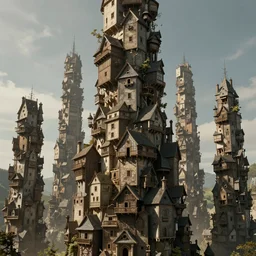 an infinite amount of medieval houses stacked on each other, creating a very thin monolith, concept art, very very very very tall, trending on deviantart, movie still, award wining photograph