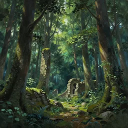 Forest of endless trees with ancient ruins, photorealistic digital art by Makoto Shinkai and Ivan Shishkin, oil on canvas, pixiv wallpaper