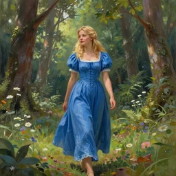 a beautiful detailed painting of a young blond in a blue dress woman walking through a forest. illustration. fairy tail. vibrant. beautiful. photorealistic. hd. hq. trending on arstation.