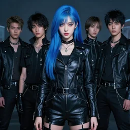hyper realistic photograph portrait of pretty girl with blue hair, wearing a full leather outfit, dramatic lighting by makoto shinkai, ilya kuvshinov, lois van baarle, rossdraws, basquiat