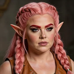 fantasy character portrait photo. female dwarf. short, broad, buff & jacked. broad face resembles cara delevingne but very squat. wide face, androgynous but pretty. elaborately braided orangepink hair. long sidebuns, downy cheeks. thick bushy groomed red eyebrows with multiple piercings. tan leather vest, bare bodybuilder shoulders. kohl, lipgloss
