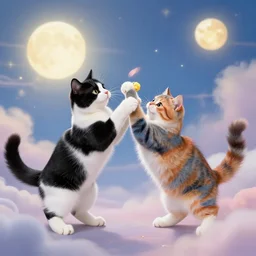 a black and white cat playing with a multicoloured cat in heaven - n 9