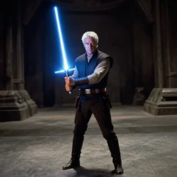 Guy Fieri in Star Wars Revenge of the Sith, Jedi Knight, blue light saber, movie still, cinematic, cinestill 400t film, wide angle