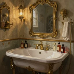 steampunk bathroom in the warm morning light, bath, sink, perfumes, machines, beautifully lit, painting, high resolution, trending on artstation