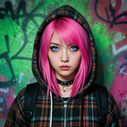 highly detailed portrait of a sewer punk lady student, blue eyes, tartan hoody, pink hair by atey ghailan, by greg rutkowski, by greg tocchini, by james gilleard, by joe fenton, by kaethe butcher, gradient green, black, brown and magenta color scheme, grunge aesthetic!!! ( ( graffiti tag wall background ) )
