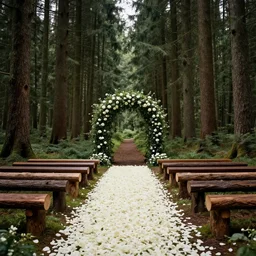 a wedding in a forest, a central nave ending in an arch, white rose petals on the ground, on the sides two rows of benches created from tree trunks, around very tall and dense fir trees, highly detailed, cinematic lighting, perfect composition, 4 k, gustave dore, derek zabrocki, greg rutkowski, belsinski, octane render