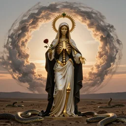 golden metalic skeleton female saint with warm backlight, full body, white and black catholic virgin robe and cactus aureola, holding a rose. background: whirlpool of clouds forming a ring. sunset light. barren land beneath with serpents. apocalyptic. rembrandt style