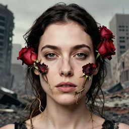 closeup portrait of a woman with roots and roses growing out of her face, standing in a desolate apocalyptic city, by Annie Leibovitz and Steve McCurry, natural light, detailed face, CANON Eos C300, ƒ1.8, 35mm, 8K, medium-format print