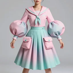 designer figure collection ball shaped accordion sleeve haute couture, sailor uniform, midi skirt, coat pleats, synthetic curves striking pose, dynamic folds, cute huge pockets hardware, volume flutter, youthful, modeled by modern designer bust, body fit, award fashion, pink teal gradient scheme, holographic tones, expert composition, high detail, professional retouch, editorial photography