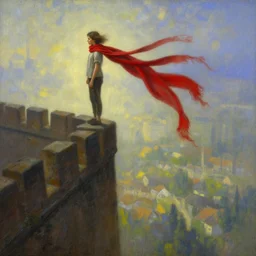 a young girl standing on top of an impossibly tall wall, looking down at what is on the other side. she wears a shirt and trousers and a very long red scarf around her neck that trails down a long way. beautiful fantasy painting by artgerm and greg rutkowski and alphonse mucha