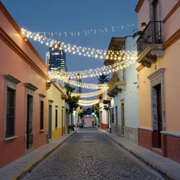 A clean wide alleyway in Mexico with glittering lights above the street, skyscrapers in the distance, Makoto Shinkai, Thomas Kinkade, 4k wallpaper, trending on artstation